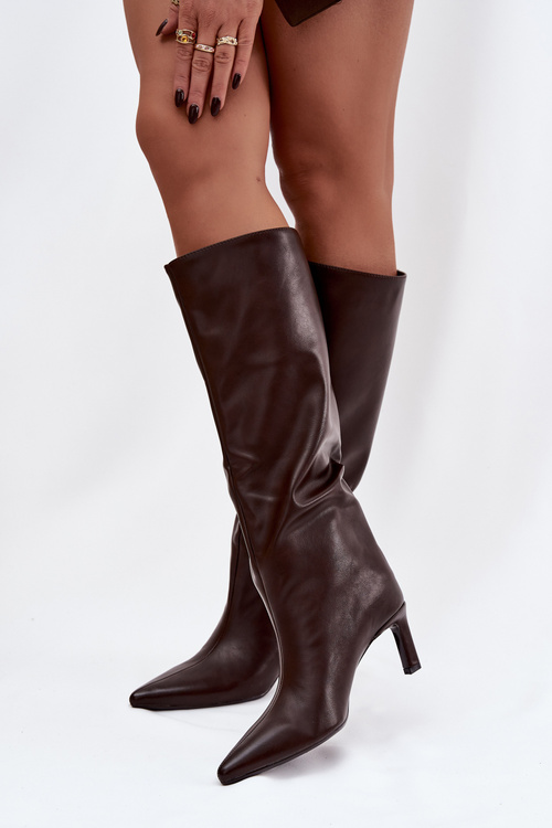 Women's slip on heeled boots with stitching chocolate Olyvia