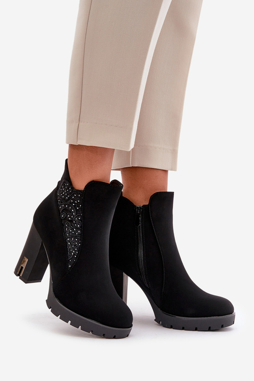 Damskie Botki Na Wysokim Słupku Ocieplane Z Haftem Czarne Verissae