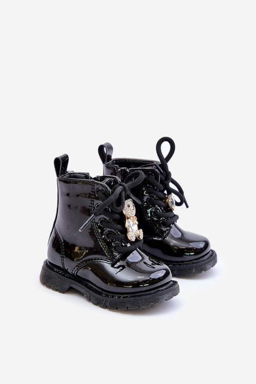 Warm Patent Leather Kids Boots With Bear And Zipper Black Enchanta