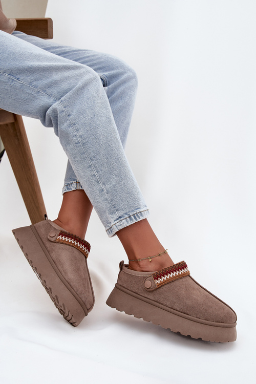 Women's Low Snow Boots With Movable Strap And Embroidery On Platform Dark Beige Lyrisse