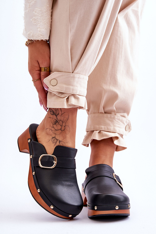 Women's Leather Slippers Clogs Black Fanett