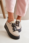 Damskie Sneakersy Przypinki Skóra Naturalna Platforma Beżowe CheBello 4596
