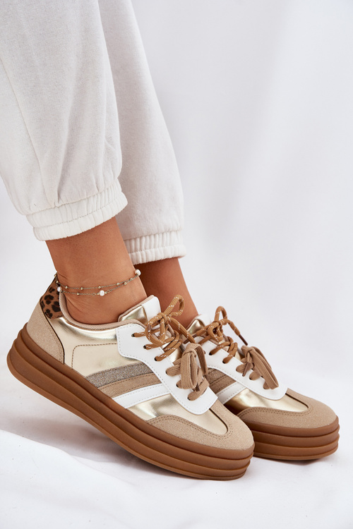 Womens Platform Sneakers With Double Lacing Leopard Gold Studs