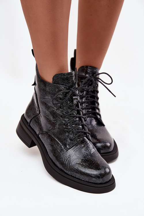 Damskie Botki Lakierowane Skóra Naturalna Klocek Granatowe D&A LZ52-954