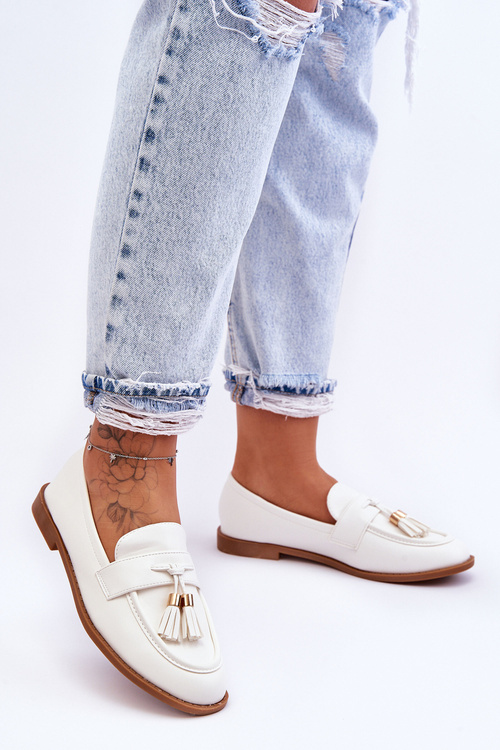 Classic Fringed Leather Loafers White Camis