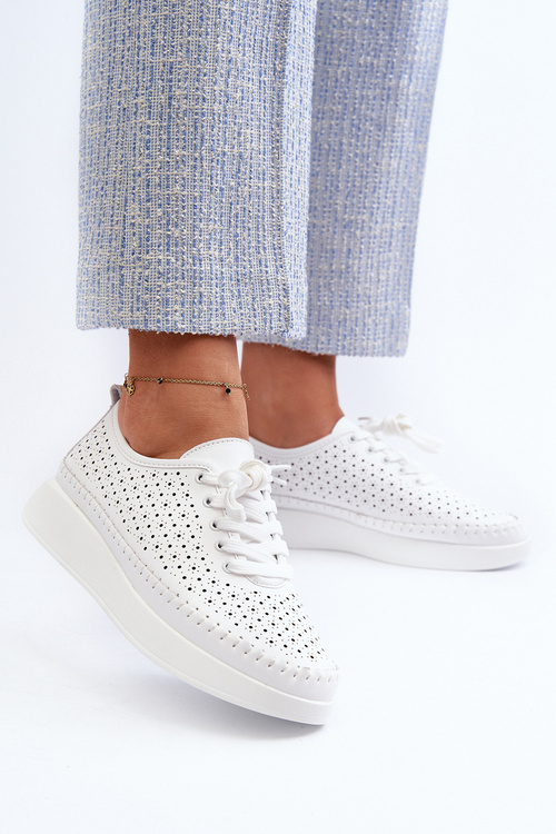 Sneakersy Damskie Skórzane Na Platformie Białe S.Barski LR278