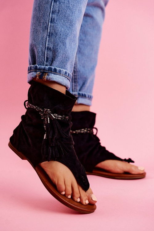 Damskie Sandałki Japonki Z Cholewką Czarne SL1011 Madrit