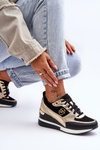 Buty Sportowe Damskie Sznurowane Koturn Czarno-Złote Genova 21PB35-4001