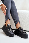 Damskie Sneakersy Przypinki Skóra Naturalna Platforma Czarne CheBello 4596