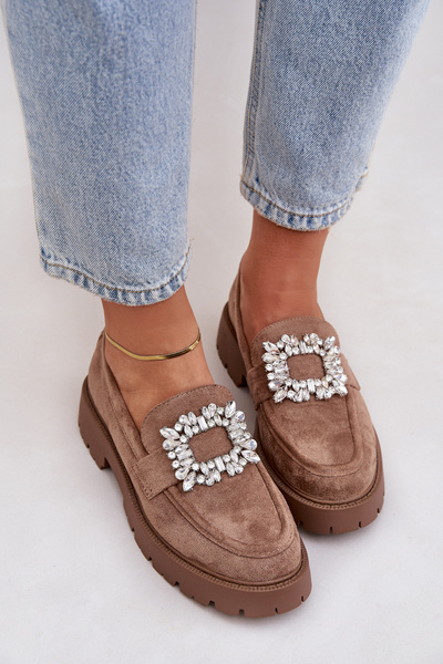Eco Suede Women's Moccasins With Decorative Brooch Dark Beige Valiana