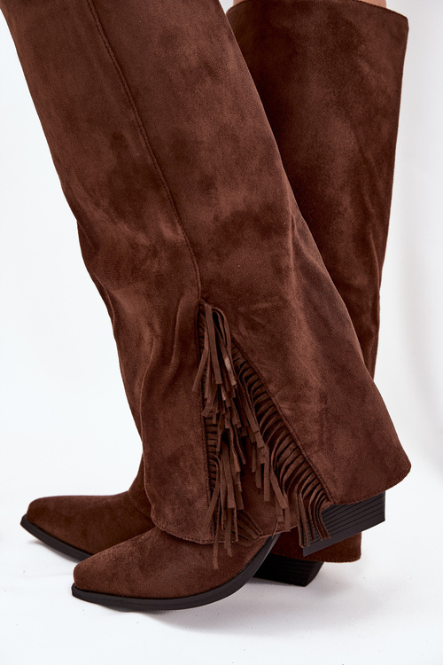 Women's Slip-On Cowboy Boots With Heels And Fringes Brown Zalia