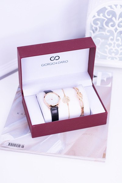 Giorgio Dario Set Ladies Black Watch With Glitter Two Gold Bracelets