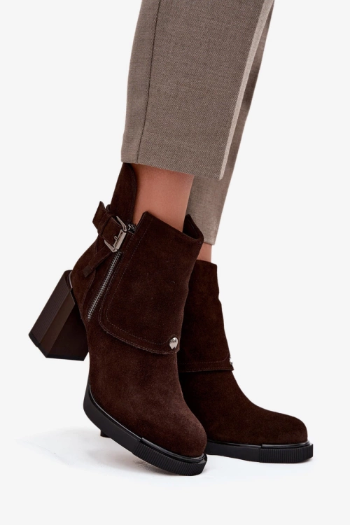 Ankle boots made of natural suede on a block heel with a buckle Vinceza 91152 chocolate