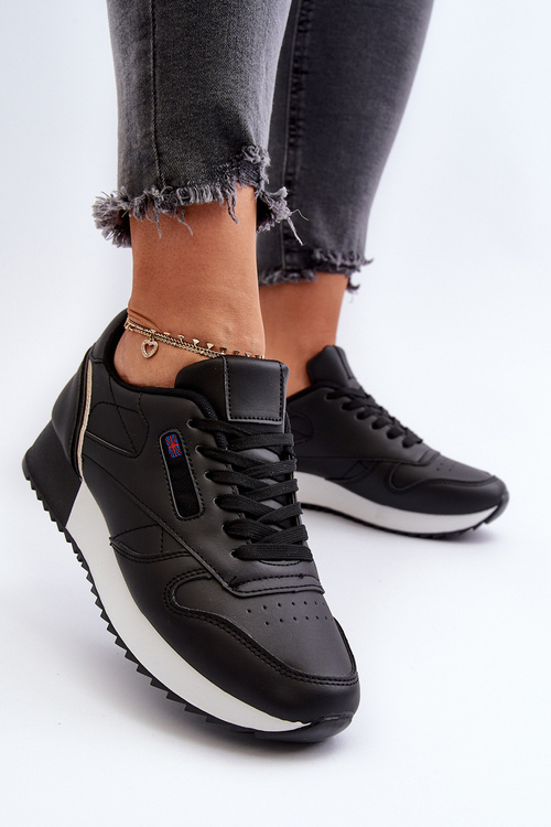 Black Leather Platform Lace-Up Sports Shoes Merida