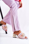 Leather Women's Slippers On High Heels With Decoration Pink Calinda