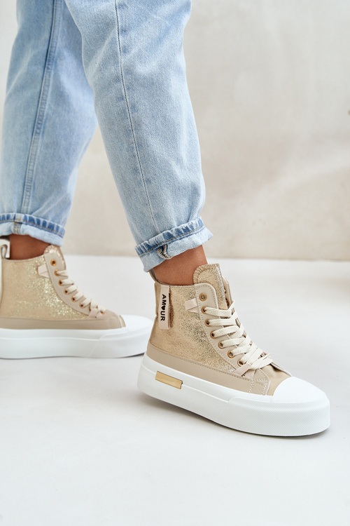 Trampki Damskie Wysokie Platforma Beżowo-Złote Averira