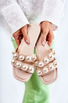 Women's Leather Slippers With Decorative Pearls Beige Lasello