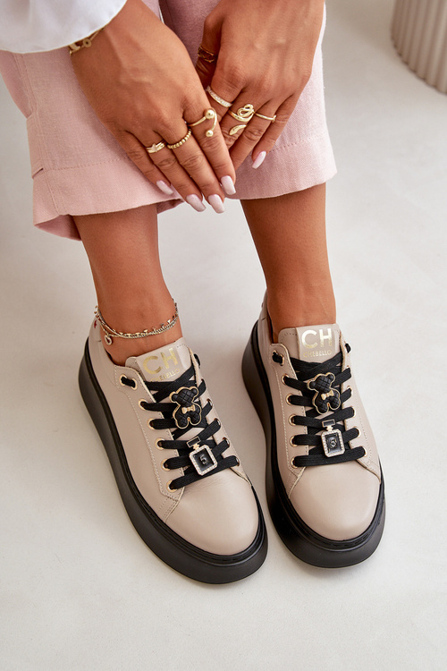 Women's Leather Sneakers With Pins On Platform Beige CheBello 4596
