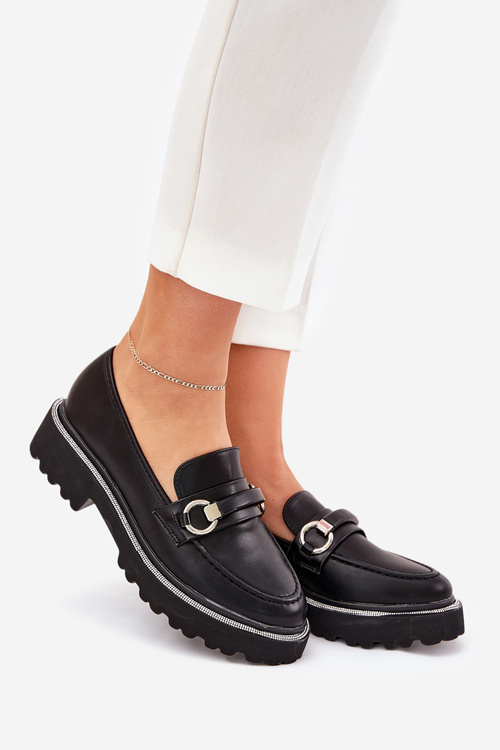 Mokasyny Eko Skórzane Zdobione Cyrkoniami Czarne Patina