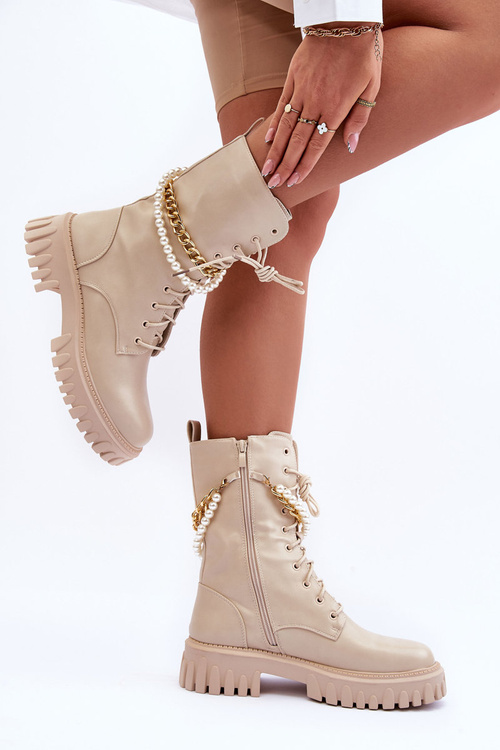 Botki Workery Wysokie Skóra Łańcuszek Beżowe Nameer DE1150