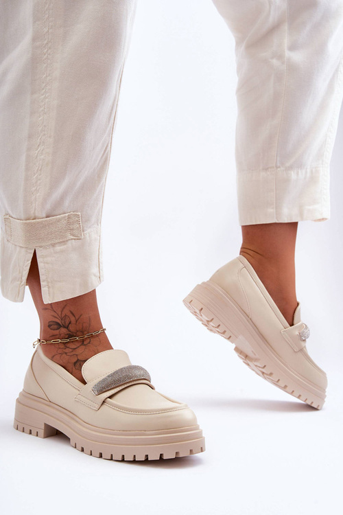 Ornamented Leather Moccasins Beige Aricka