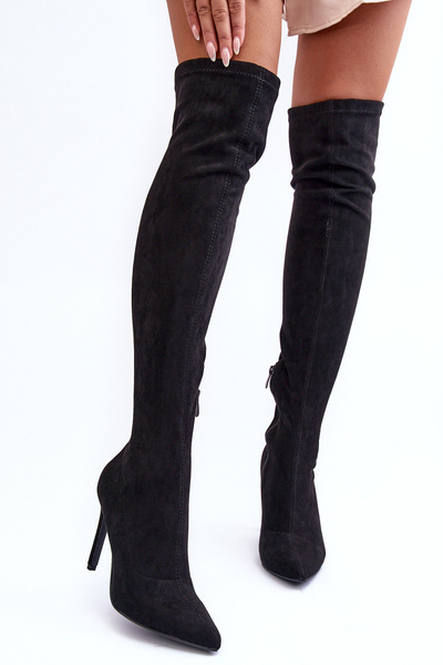 Over-the-Knee Suede Boots on Heel  Black Calfi