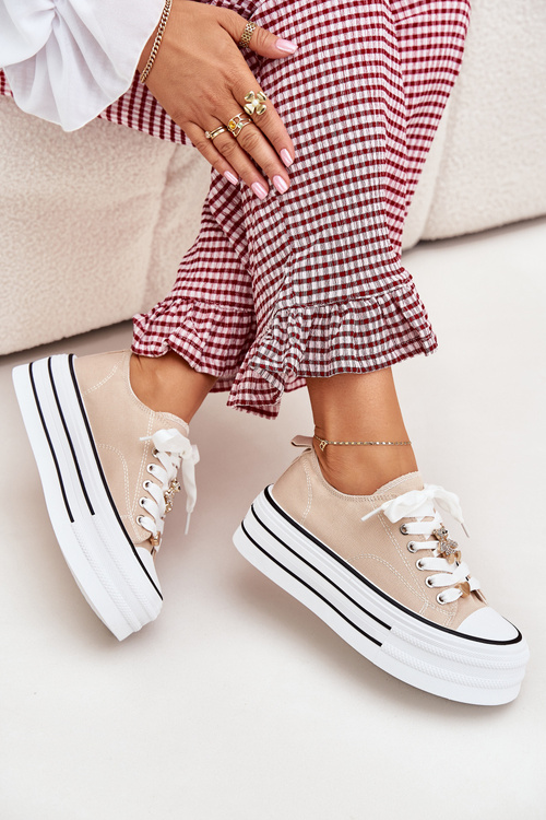 Ladies Sneakers On A Platform With Golden Decorations Beige Fiorina