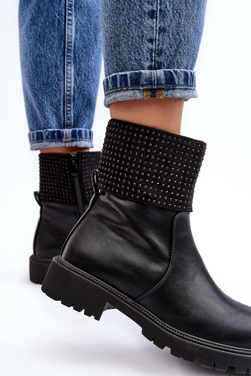 Women's Flat Heel Boots with Embellishment Black Zanidite