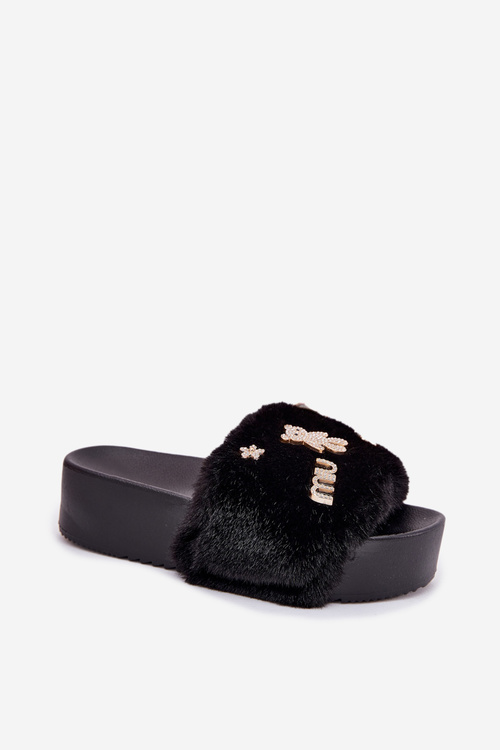Ladies Platform Slippers With Fur And Gold Clips Black Livira