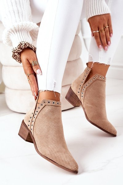 Openwork Boots With Cutouts Beige Western