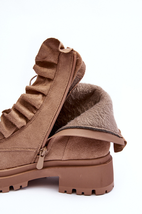 Botki Workery Ocieplane Zamsz Płaski Obcas Beżowe Nacelle NS336P