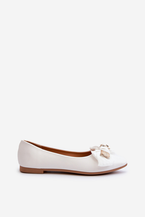 Women's Eco Leather Ballerina Flats with Bow and Brooch White Satris