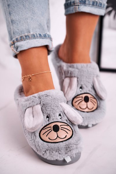 Women's Home Furry Mouse Slippers Grey Home Sweet Home