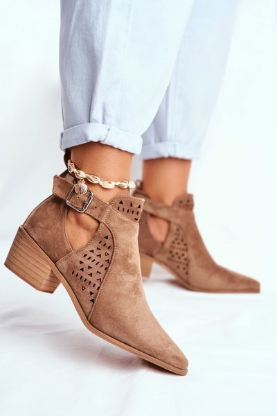 Suede Heeled Boots With Buckle Beige Esen