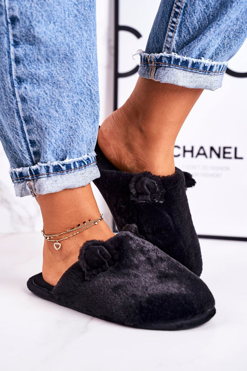 Women's Home Furry Slippers With Little Ears Black Hippo