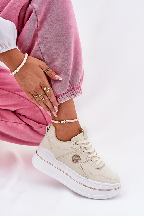 Eko Skórzane Damskie Buty Sportowe Na Platformie Beżowe Caldeno