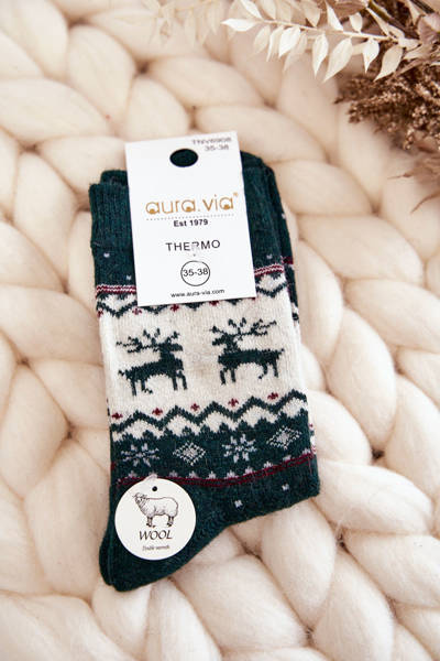 Women's Christmas Woolen Socks Reindeer Pattern Green