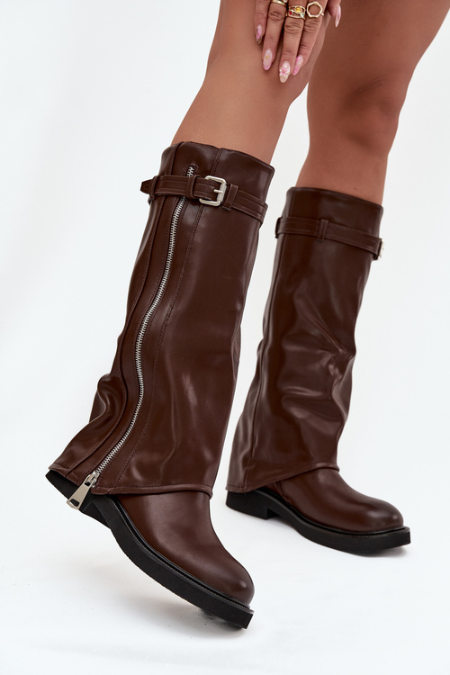 Women's Boots with Turned-up Shaft Buckle and Silver Zipper Insulated Brown Bressa
