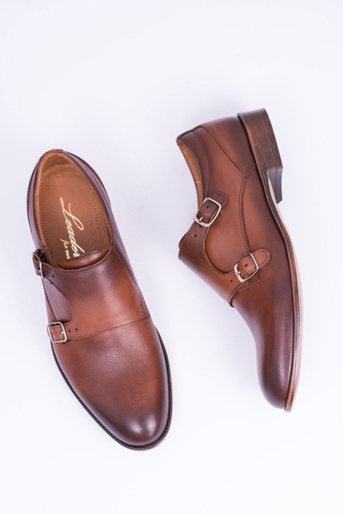 Skórzane Eleganckie Męskie Półbuty Monk Brązowe