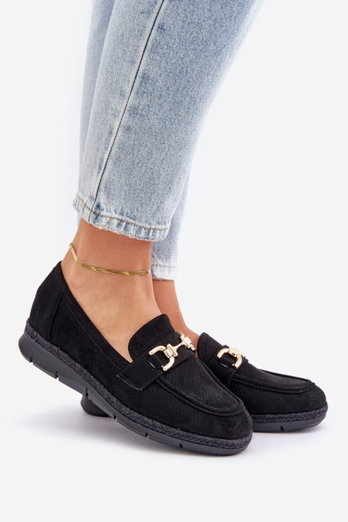 Mokasyny Damskie Ażurowe Jutowa Plecionka Złota Ozdoba Czarne Lainer