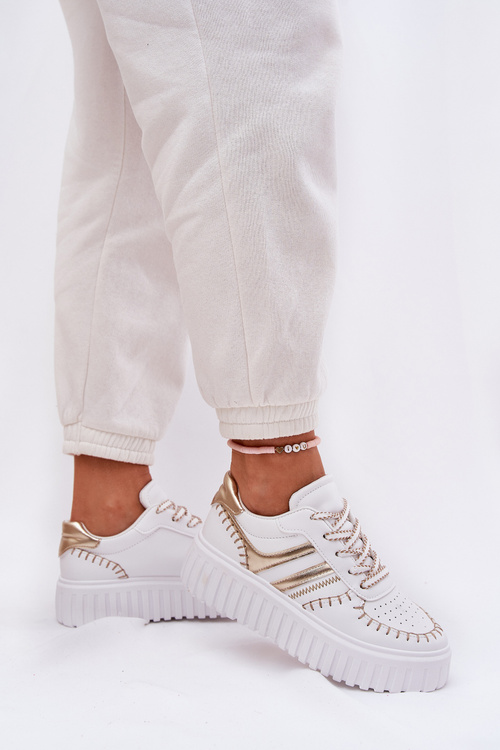 Eko Skórzane Sneakersy Na Platformie Złote Ofenale