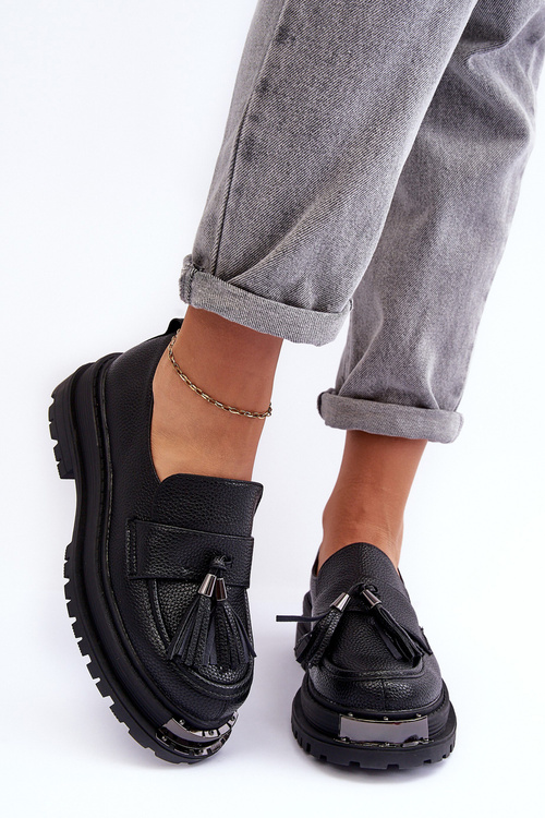 Mokasyny Skóra Platforma Płaski Obcas Czarne Jorne NC1323