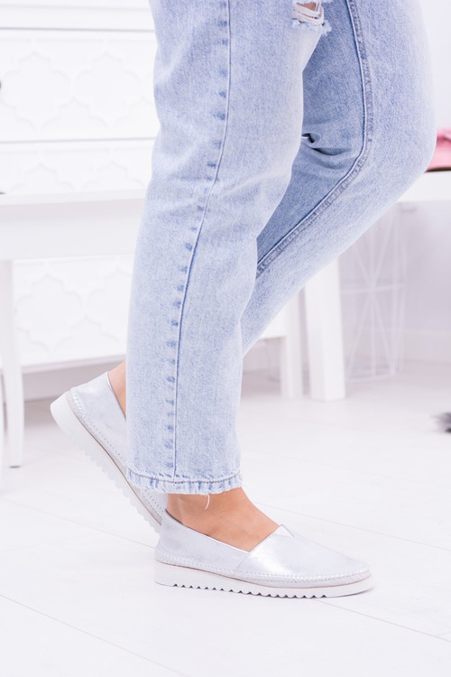 Damskie Srebrne Skórzane Slip On Frela