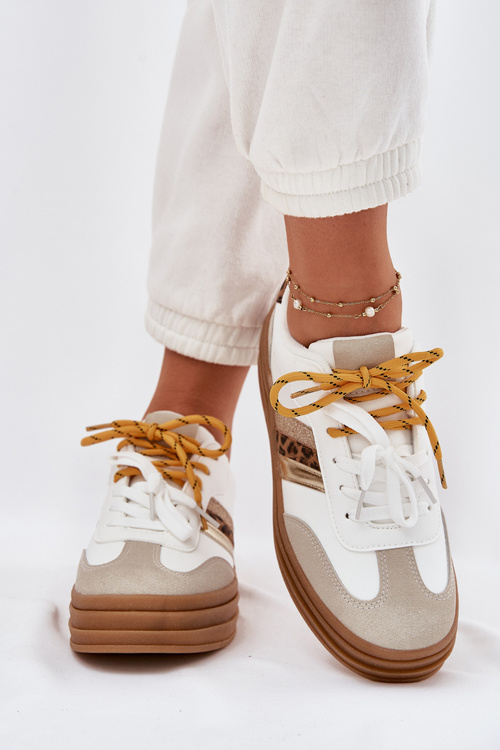 Damskie Sneakersy Z Podwójnym Sznurowaniem Na Platformie Panterka Białe Niteria