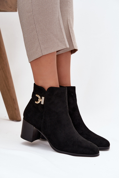 Damskie Botki Obcas Słupek Złoty Detal Ocieplane Czarne Renora