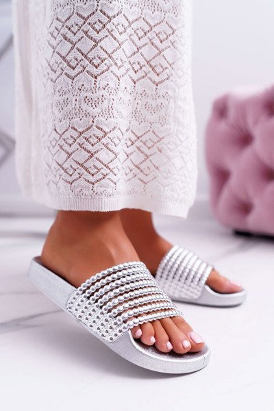 Women's Beaded Flip Flops Silver Elavi