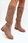 Damskie Kozaki Ażurowe Na Klocku Beżowe Helinna