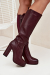 Women Knee High Boots On Heels Eco Leather Burgundy Thalina