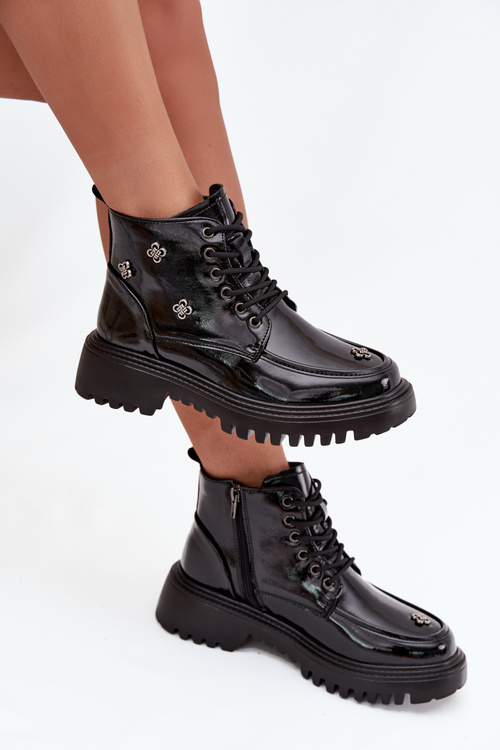 Damskie Botki Z Ozdobami Skóra Naturalna Lakierowane Czarne Artiker 57C0345