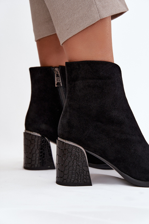 Suede Women's Block Heel Boots with Embossing Lined Vinceza 66801 Black